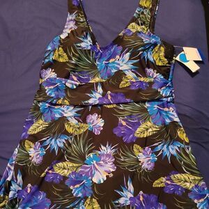 Floral Swim Dress One Piece Swimsuit Ruched Tummy Control Black Blue Purple